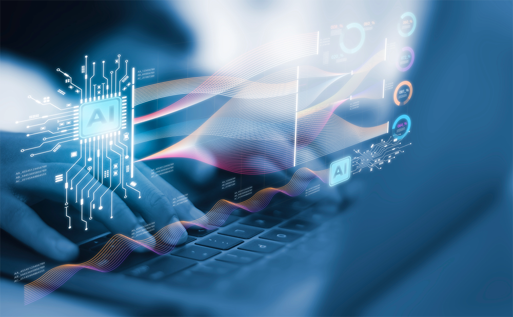 Fingers typing on a laptop with graphs floating in the air depicting an AI search.
