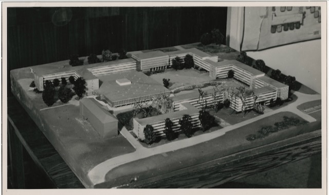 Black and white photograph of an architectural model of Johnstone Hall at Clemson University 